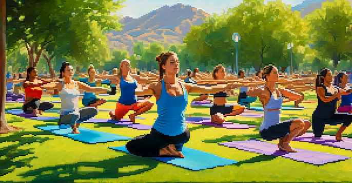 A diverse group of individuals practicing yoga in a sunny park in Phoenix, surrounded by greenery and colorful mats.