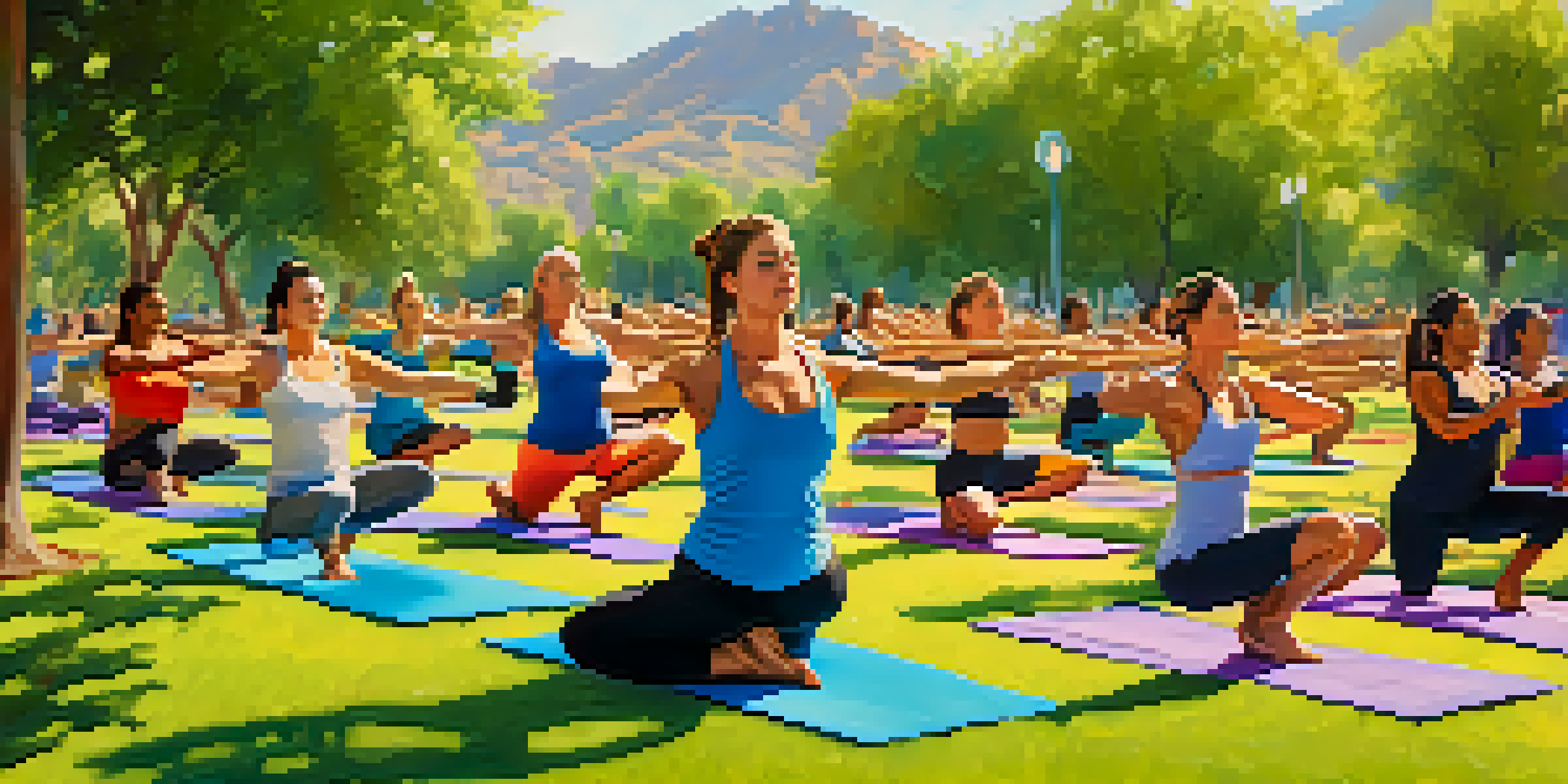 A diverse group of individuals practicing yoga in a sunny park in Phoenix, surrounded by greenery and colorful mats.