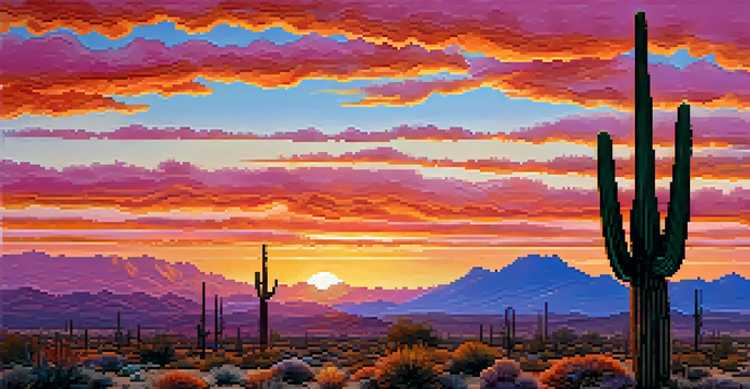 A colorful sunset over the Phoenix desert with silhouetted cacti and mountains in the background.