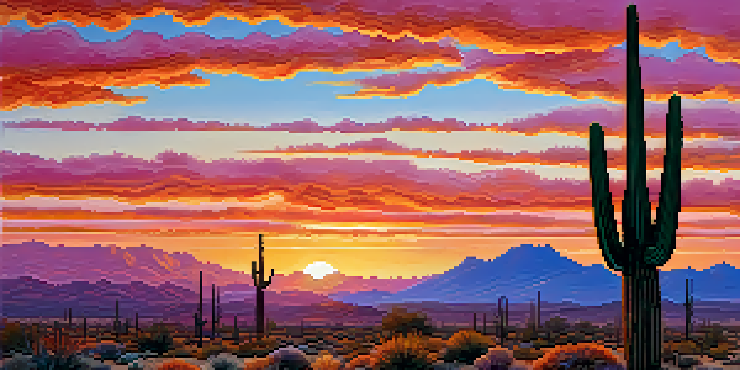A colorful sunset over the Phoenix desert with silhouetted cacti and mountains in the background.