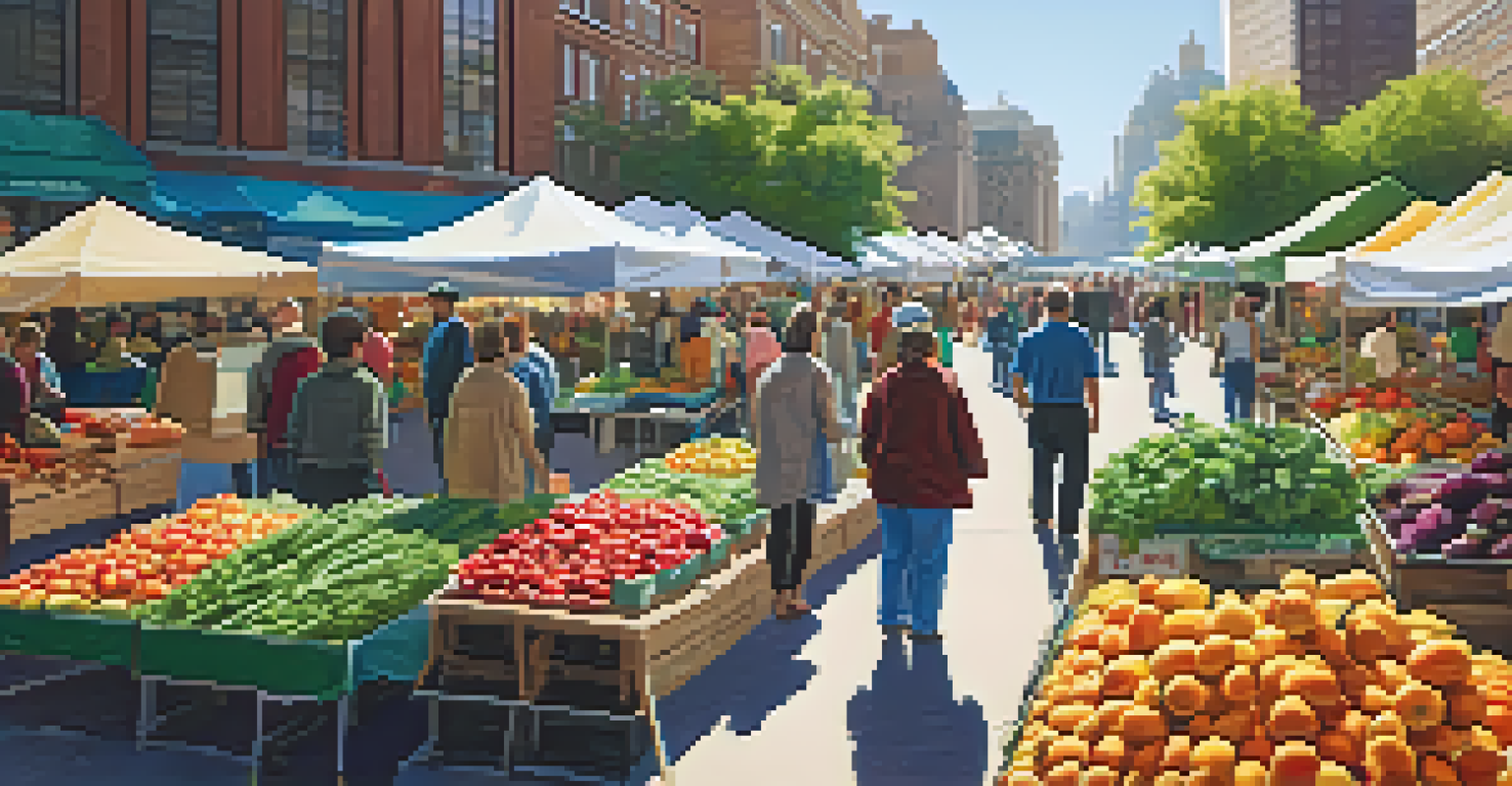 A lively farmers market in a city, with stalls of fresh produce and people interacting, surrounded by modern buildings.