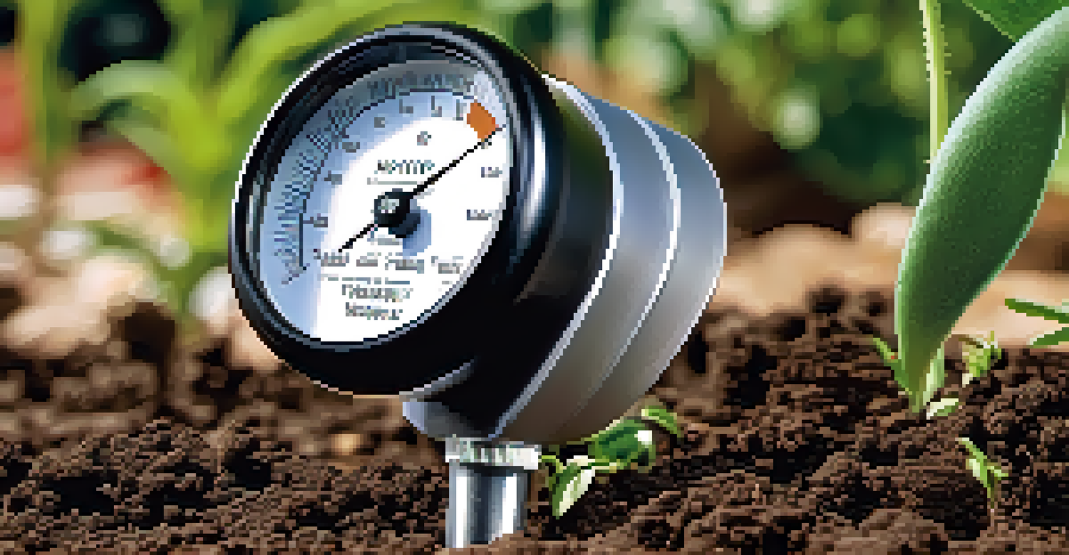 A close-up of a soil moisture meter in a sunny garden, indicating healthy moisture levels for the plants.
