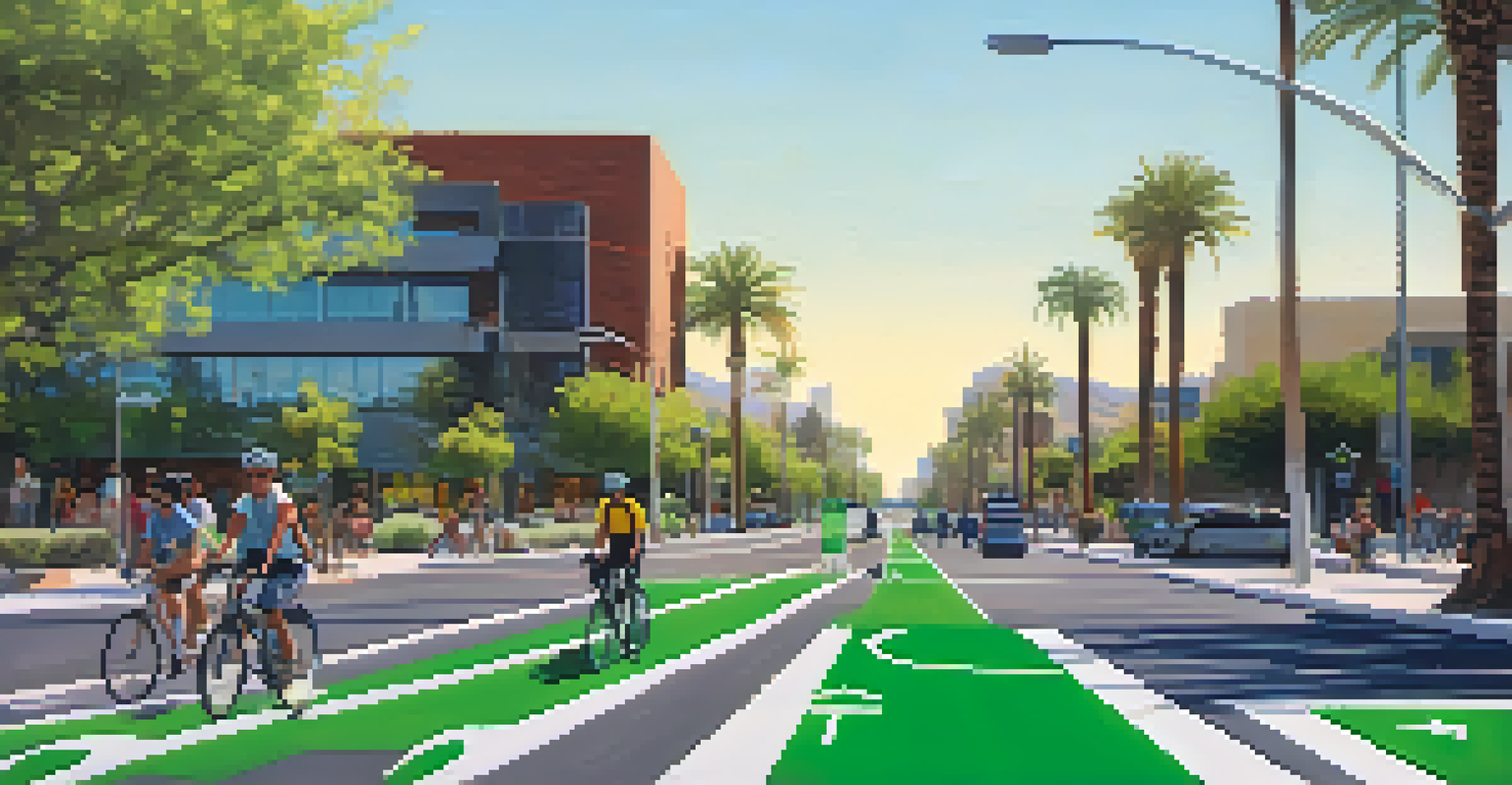 Close-up of a bike lane in Phoenix with bright green paint and cyclists.