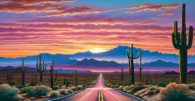 A dramatic sunset over the desert landscape of Phoenix, with saguaro cacti and a winding road symbolizing Route 66.
