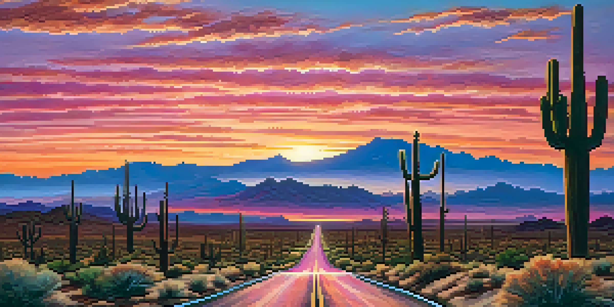 A dramatic sunset over the desert landscape of Phoenix, with saguaro cacti and a winding road symbolizing Route 66.
