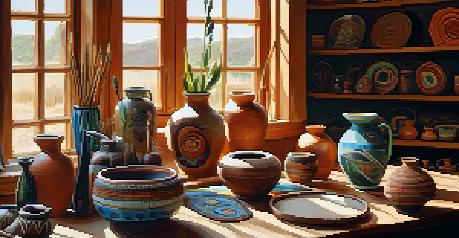An artist's studio filled with Native American pottery and beadwork, illuminated by natural light, showcasing intricate craftsmanship.