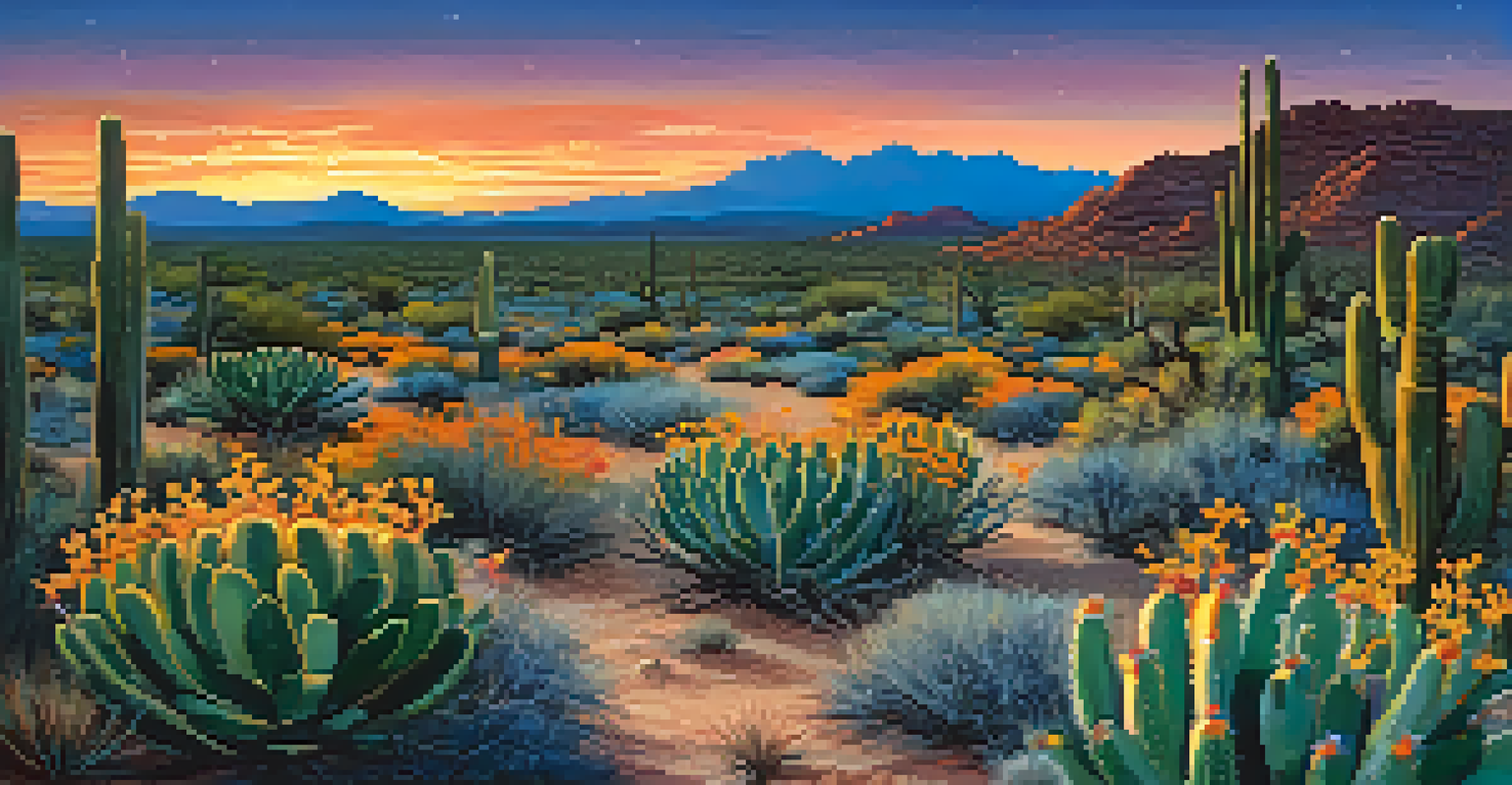 A winding trail through the Phoenix Sonoran Preserve at twilight, with blooming cacti and a starry sky above.
