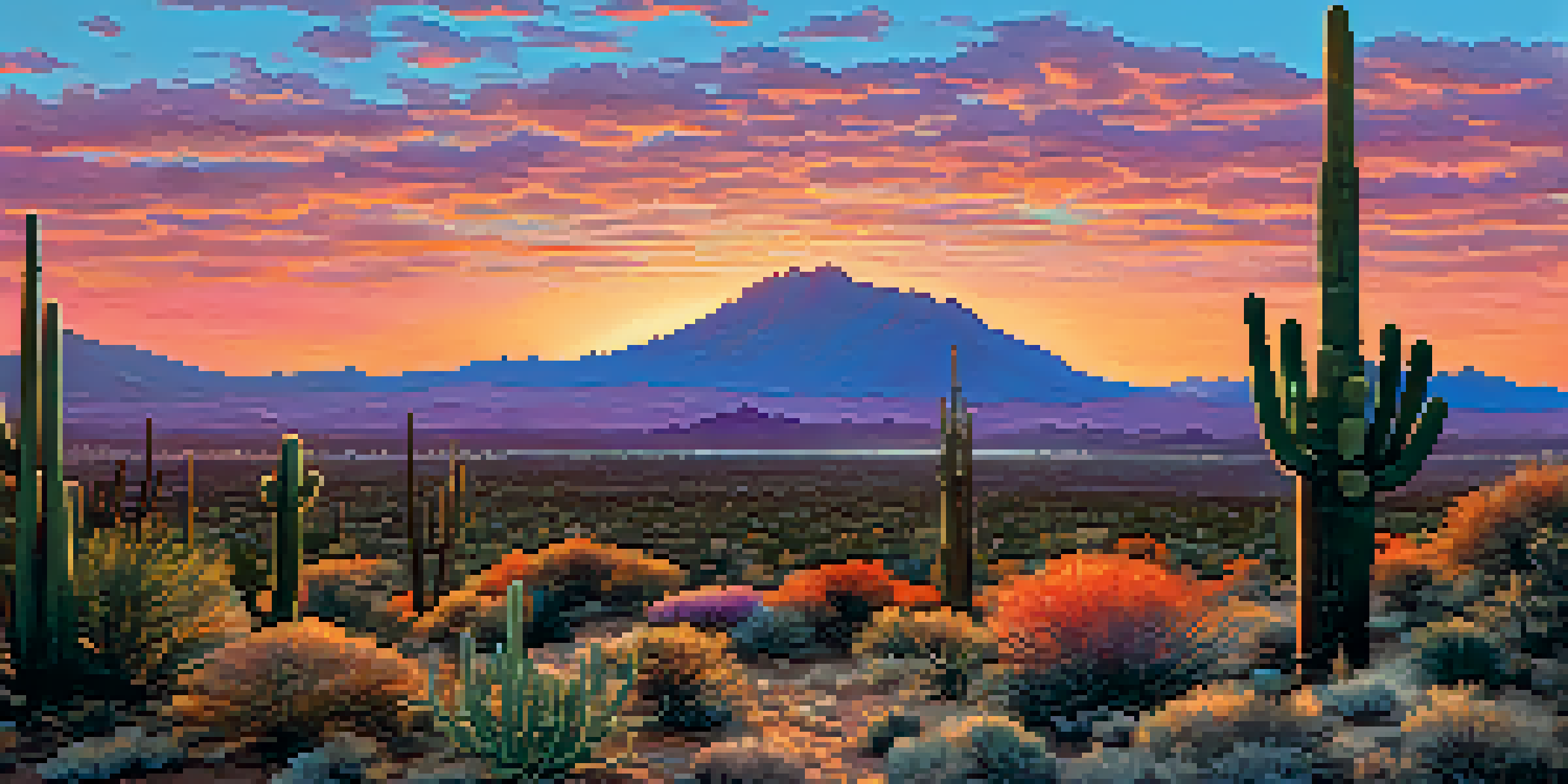 A beautiful sunset in the Sonoran Desert with a saguaro cactus in silhouette, vibrant colors in the sky, and a variety of desert vegetation.