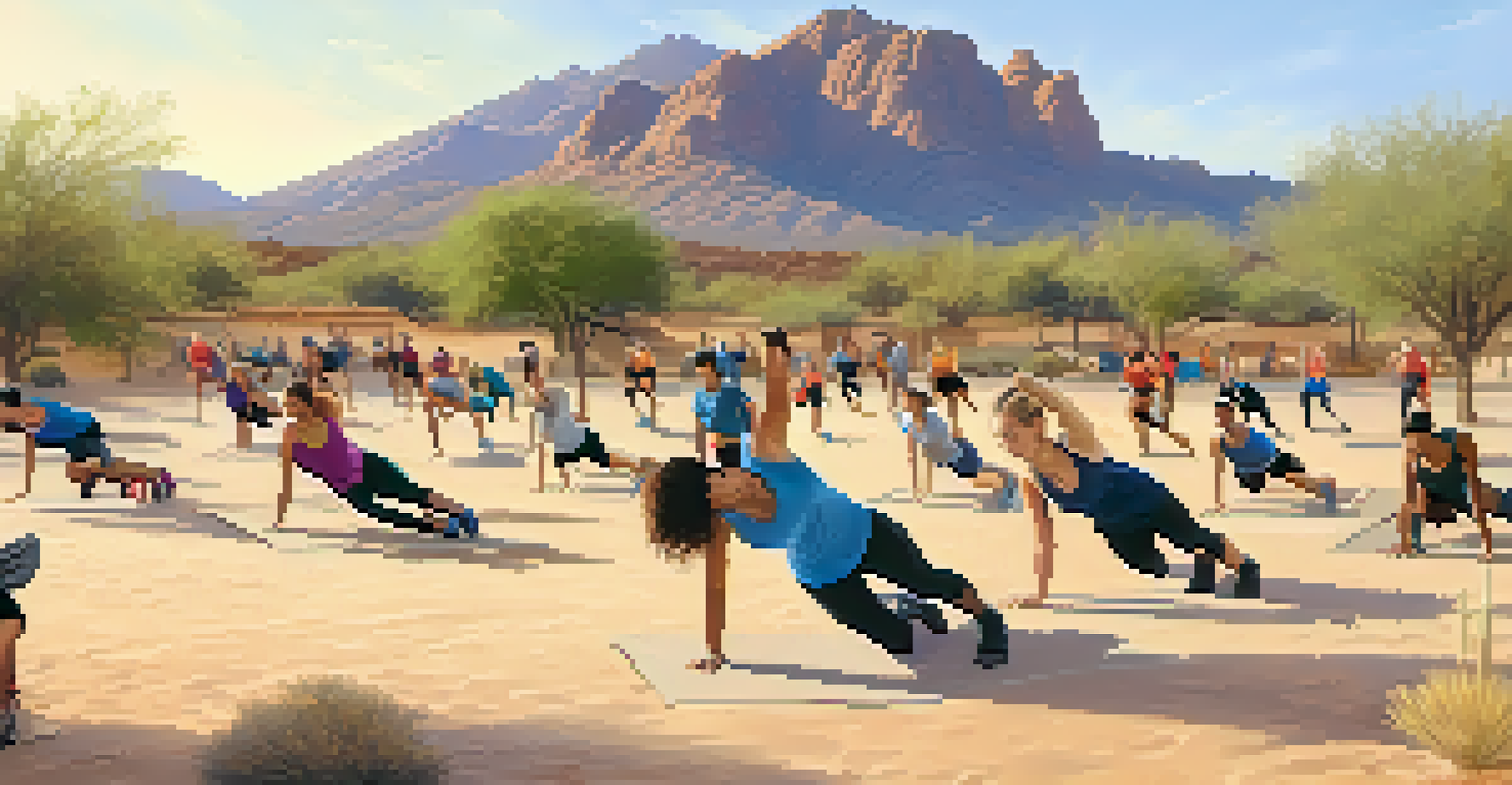 A diverse group of people participating in an outdoor boot camp exercise session in the Phoenix desert with Camelback Mountain behind them.