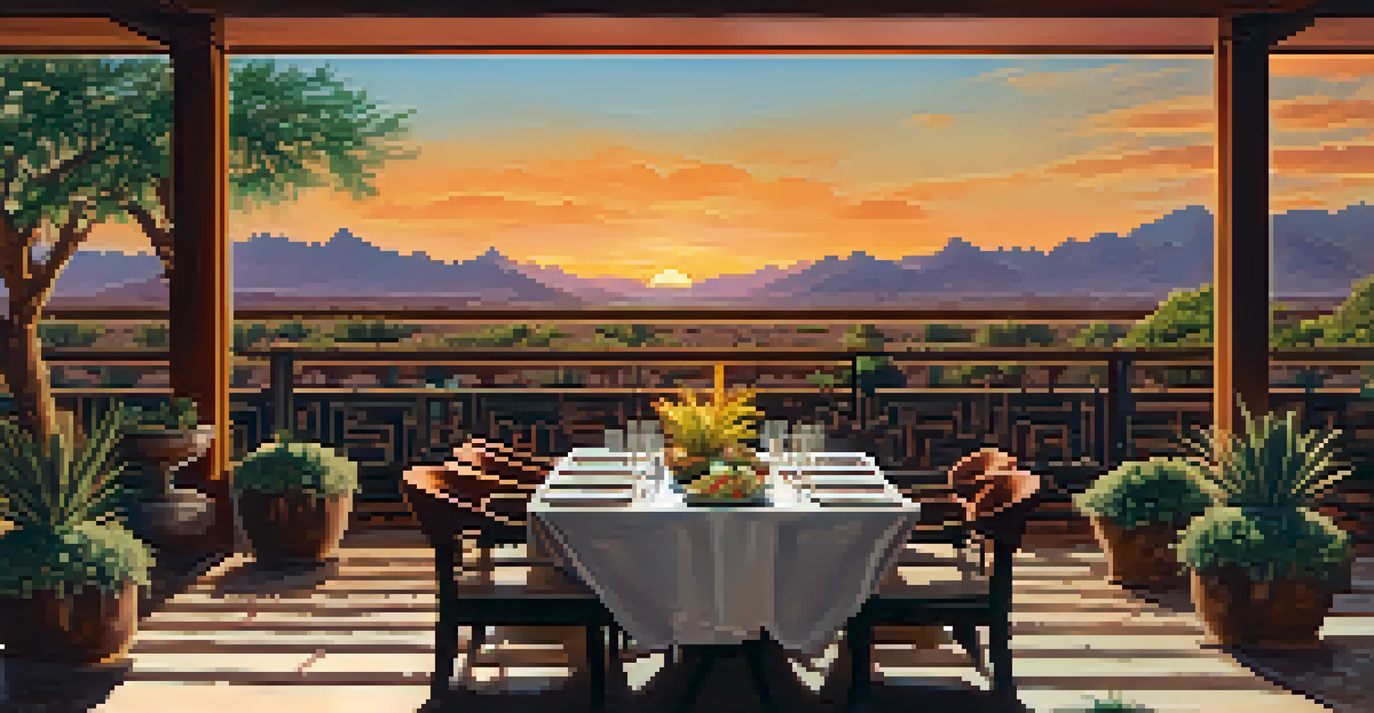 An outdoor dining scene with fusion dishes at a trendy restaurant in Phoenix, with a sunset in the background.
