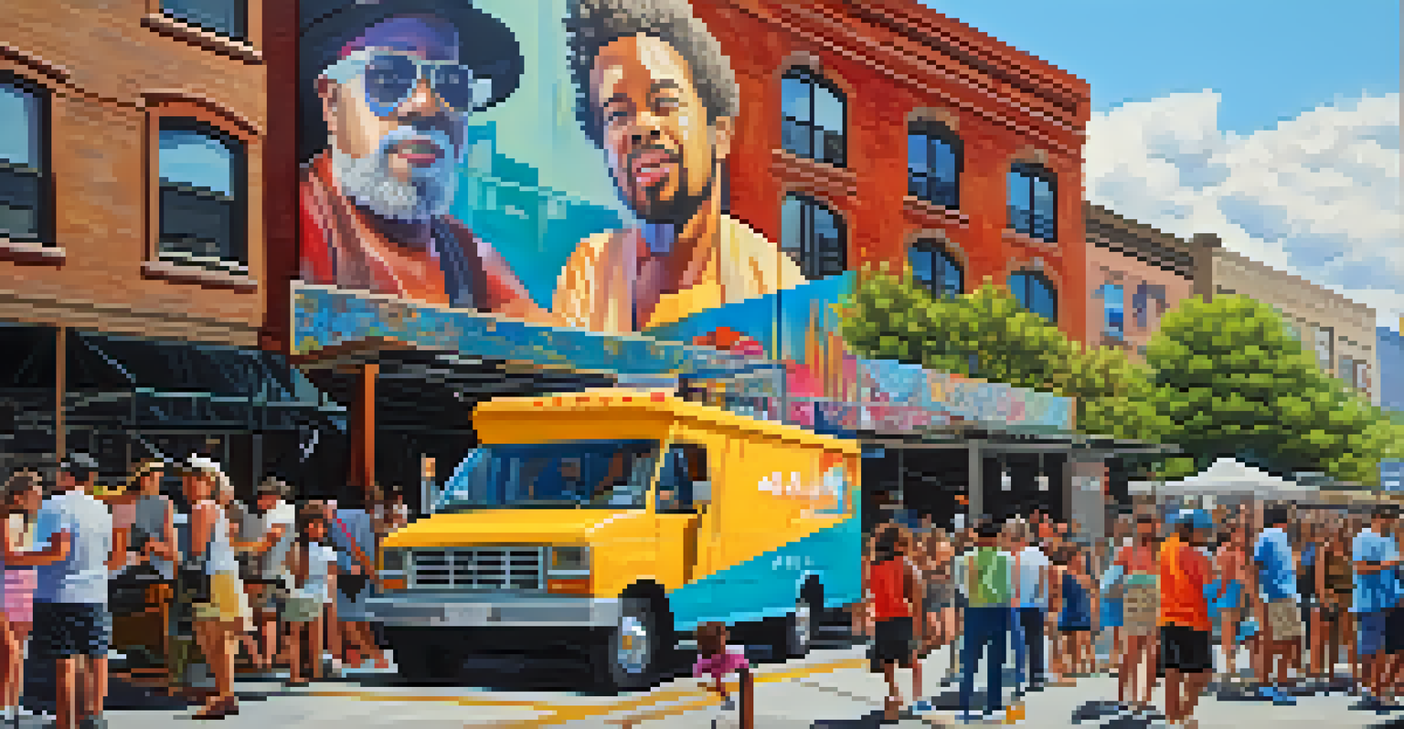 A lively street scene in the Roosevelt Row Arts District with a mural of a local hero and people engaging in an art festival atmosphere.