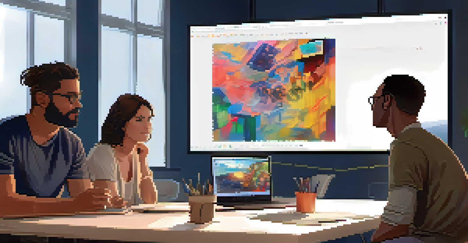 A group of artists collaborating and discussing their digital artwork in a cozy workshop setting.