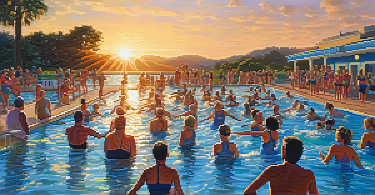 A community swim event at sunset with participants enjoying water aerobics in a public pool.