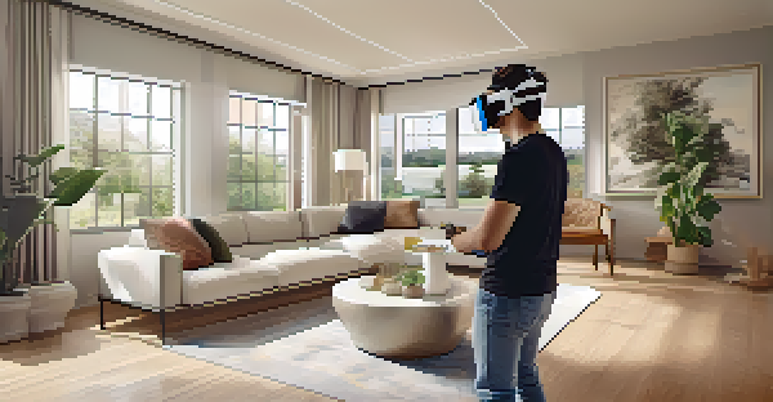 A person using a virtual reality headset to explore a modern living room with contemporary decor.