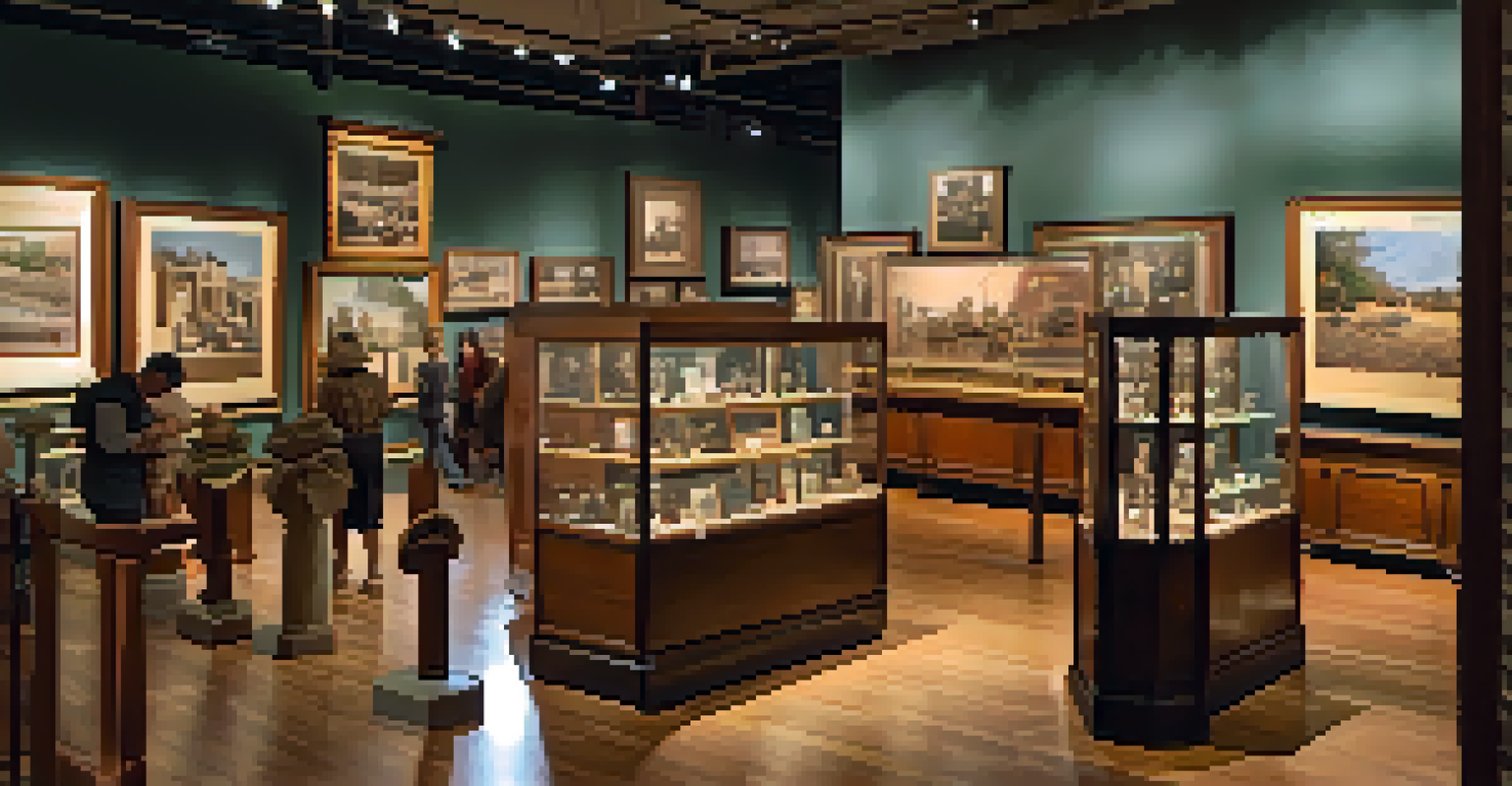 An interior view of a historical society's museum in Phoenix, displaying artifacts and photographs with visitors engaging with the exhibits.