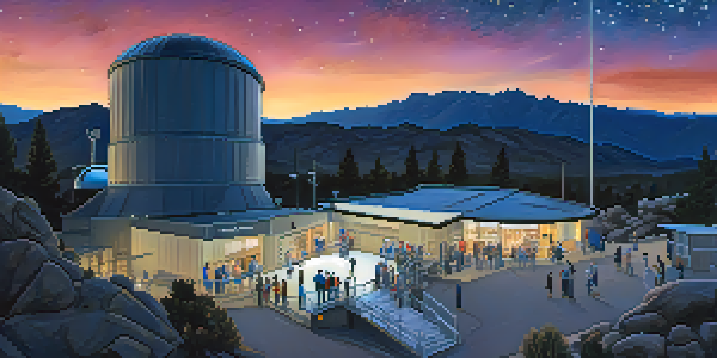 A panoramic view of the Mount Lemmon SkyCenter with telescopes and a starry sky at dusk.