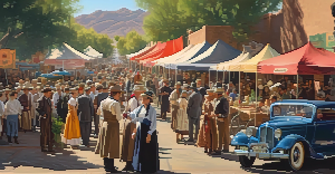 A lively street festival in early 20th century Phoenix with people in historical costumes, market stalls, and vintage cars under warm sunlight.
