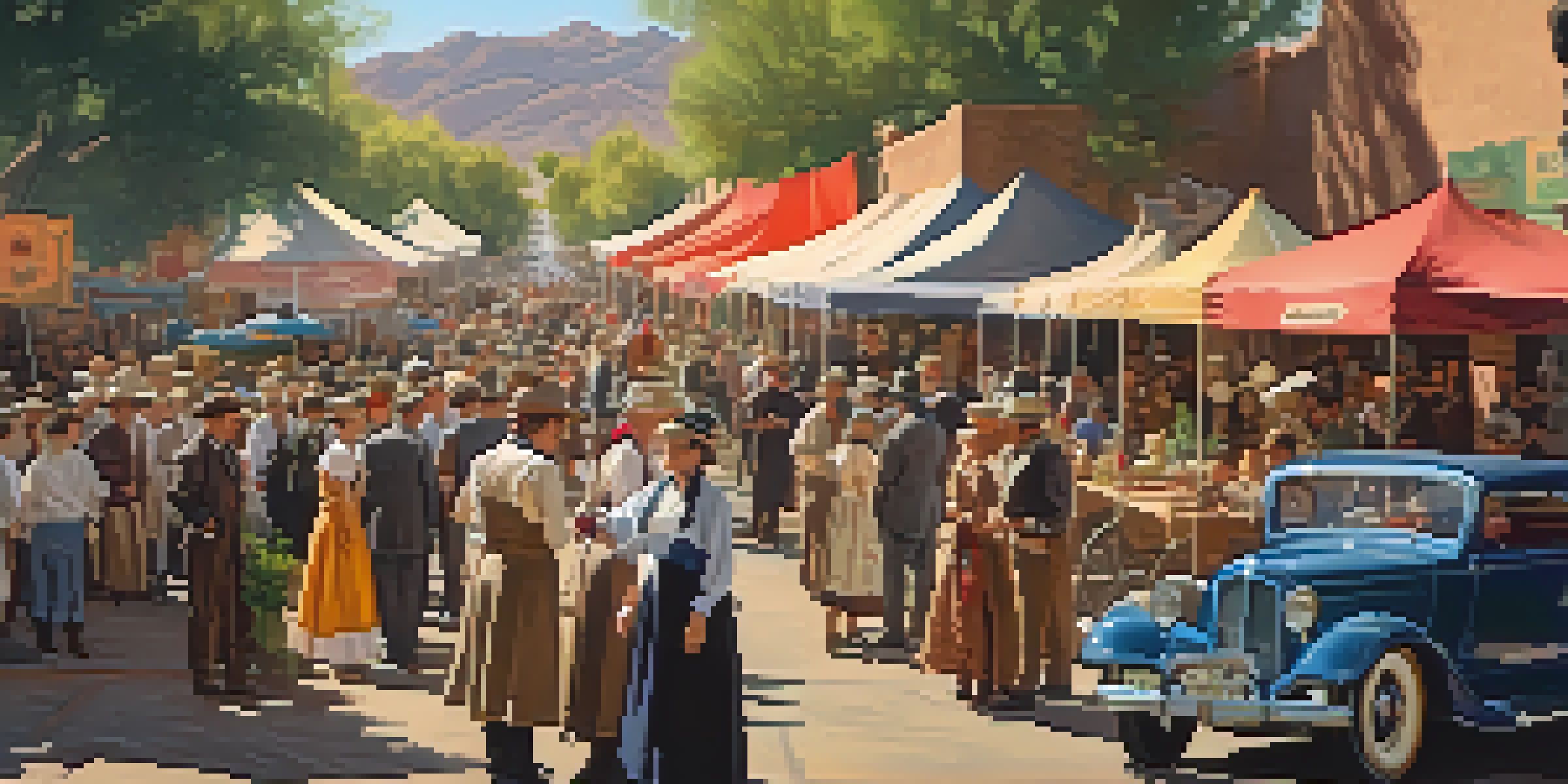 A lively street festival in early 20th century Phoenix with people in historical costumes, market stalls, and vintage cars under warm sunlight.