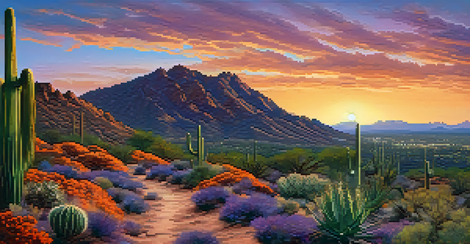A beautiful sunrise over Camelback Mountain with a hiker on a winding trail surrounded by desert plants.