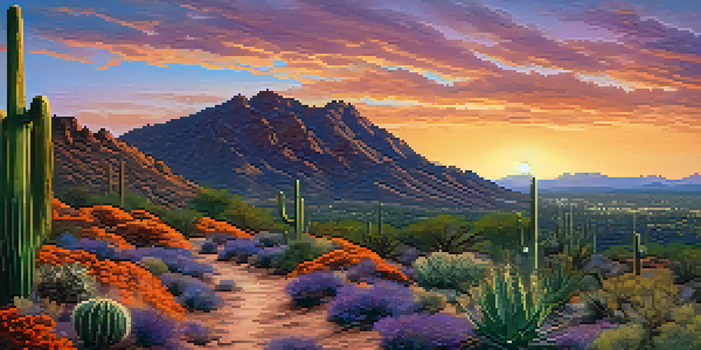 A beautiful sunrise over Camelback Mountain with a hiker on a winding trail surrounded by desert plants.