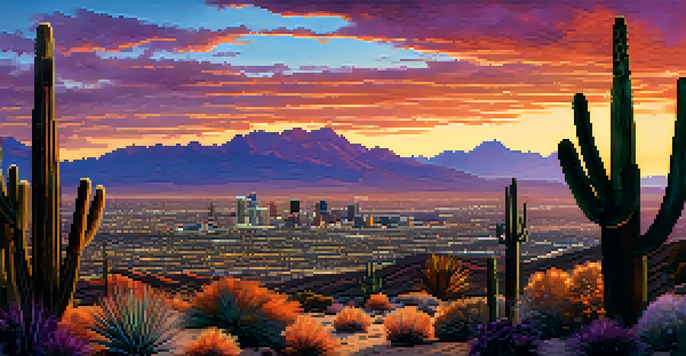 A panoramic view of Phoenix's skyline at sunset with vibrant colors and silhouettes of cacti in the foreground.