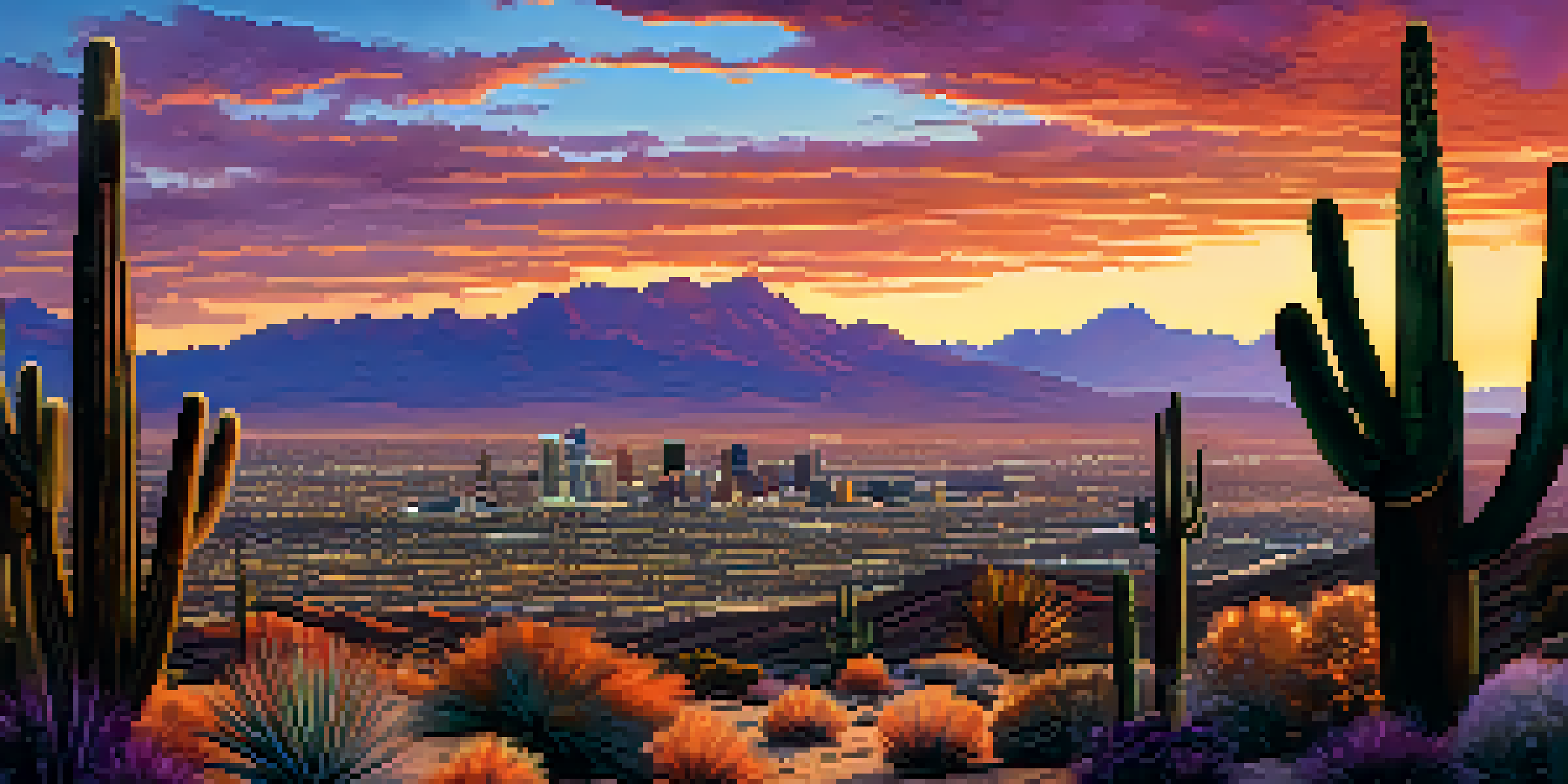 A panoramic view of Phoenix's skyline at sunset with vibrant colors and silhouettes of cacti in the foreground.