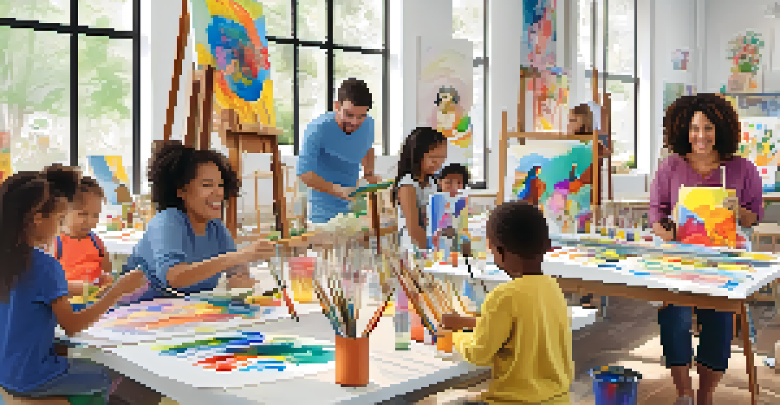 A joyful family painting class in a colorful studio, with families of all ages painting together and showcasing their artworks.