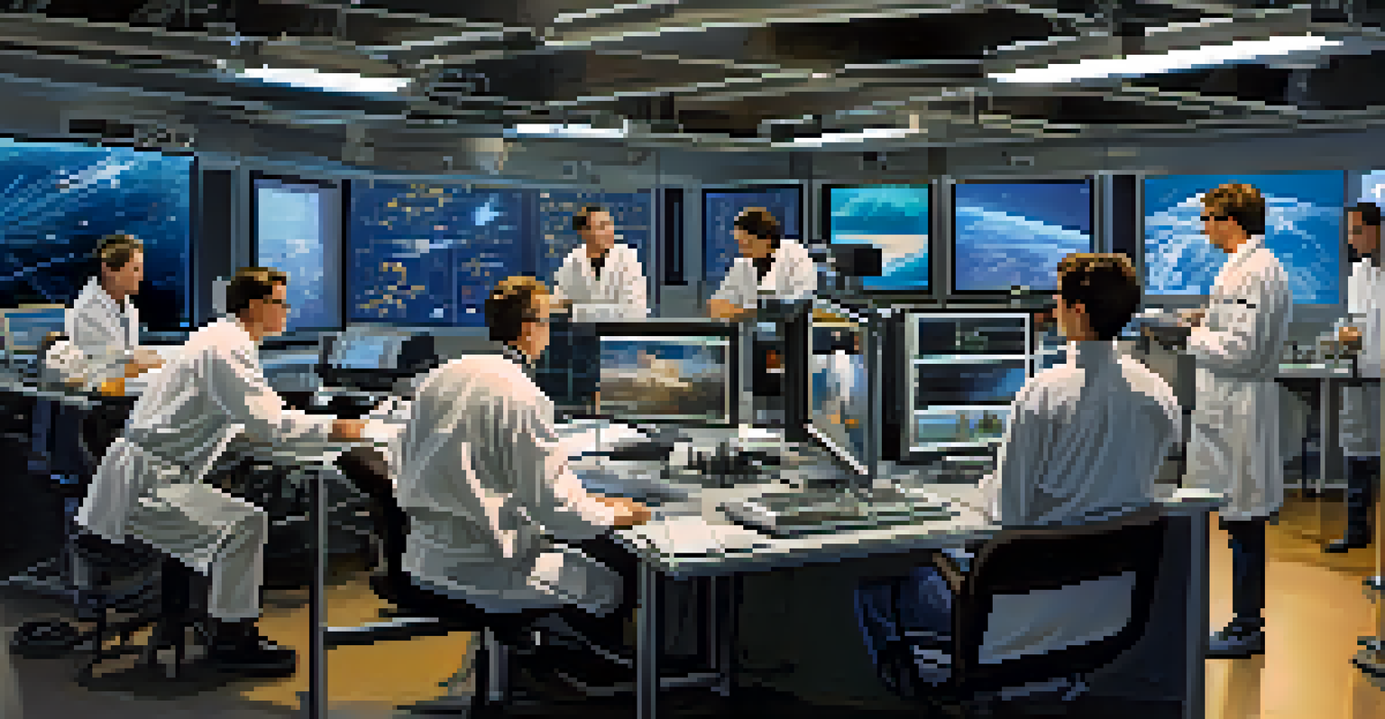 A diverse team of researchers collaborating in a high-tech lab focused on space exploration technology.