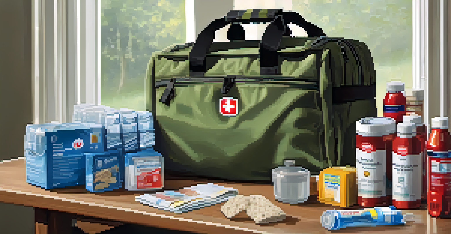 An organized emergency preparedness kit with water bottles, snacks, and a flashlight on a table in a bright living room.