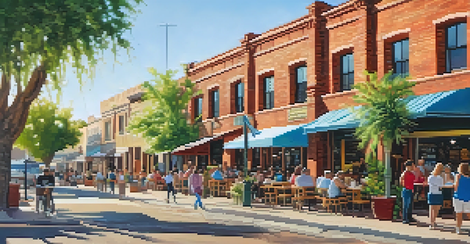 A lively street in the Evans Churchill District of Phoenix with colorful murals and people enjoying coffee.