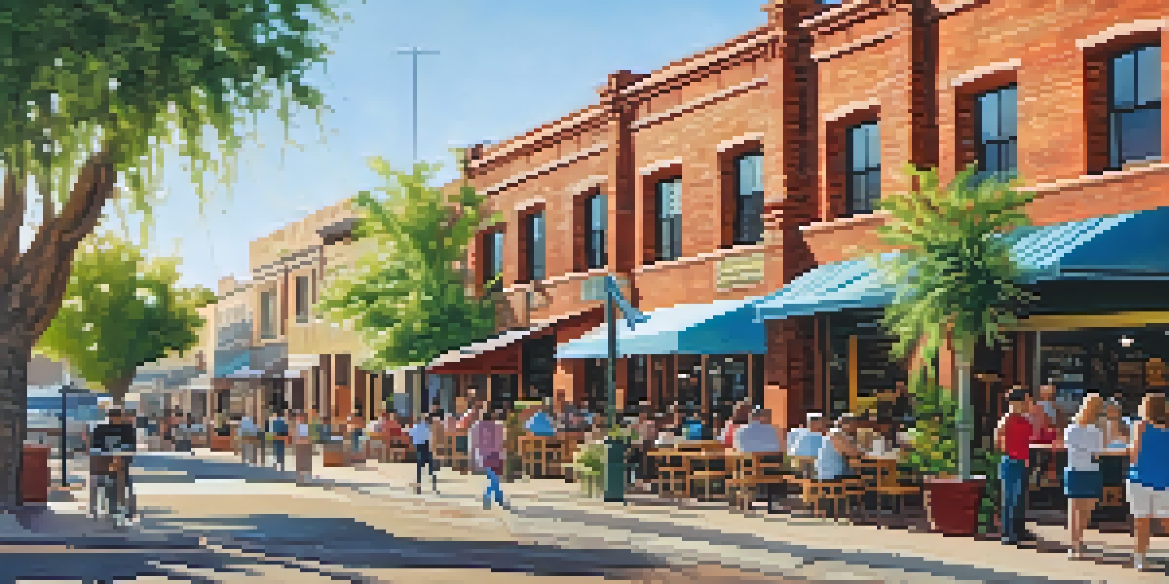 A lively street in the Evans Churchill District of Phoenix with colorful murals and people enjoying coffee.