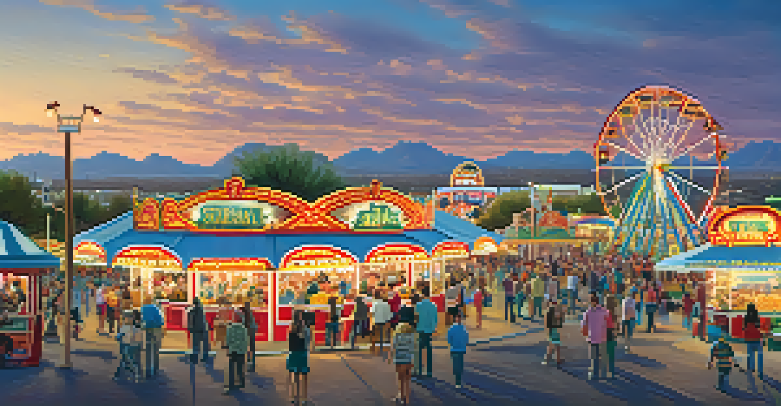 A vibrant scene of the Arizona State Fair with colorful rides and food stalls filled with people.