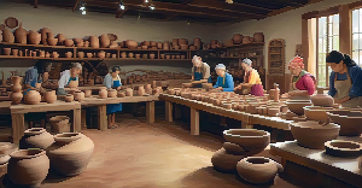 Participants shaping clay on pottery wheels in a warmly lit community art center.
