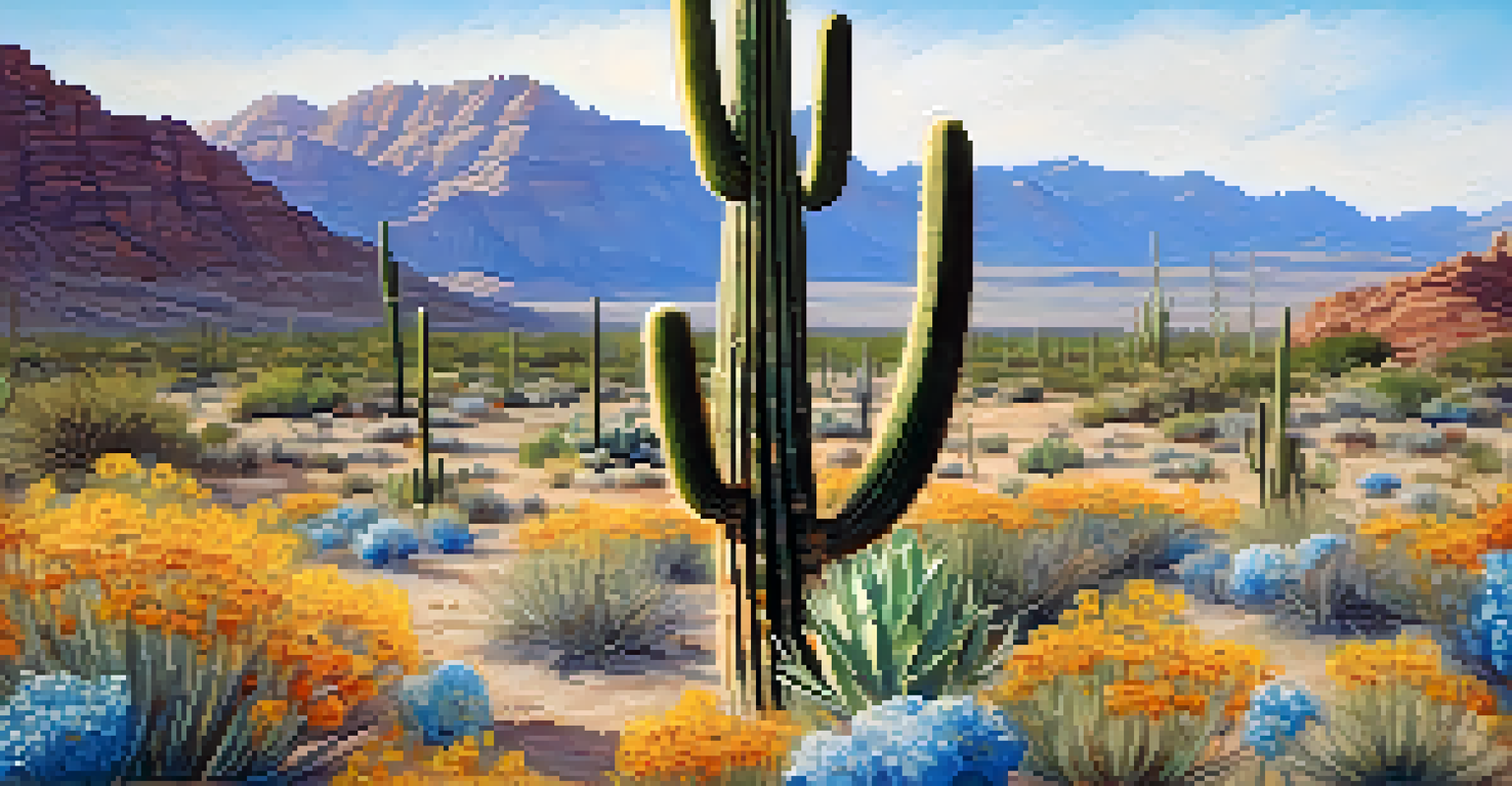 A close-up of a saguaro cactus surrounded by blooming wildflowers under a blue sky.