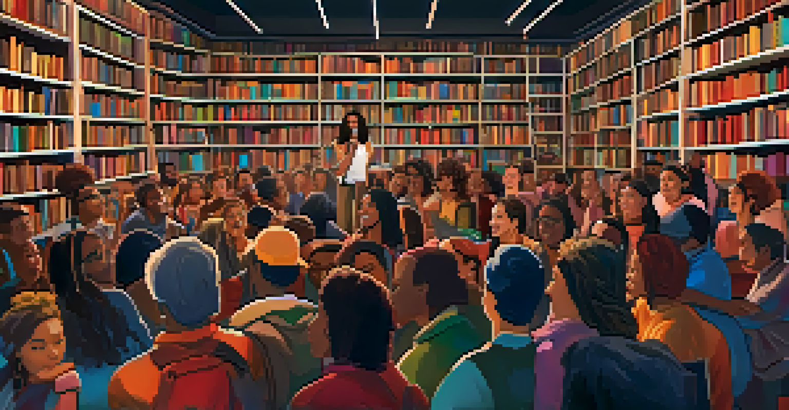 A lively poetry slam event in a bookstore, with a poet performing on stage and an enthusiastic audience.