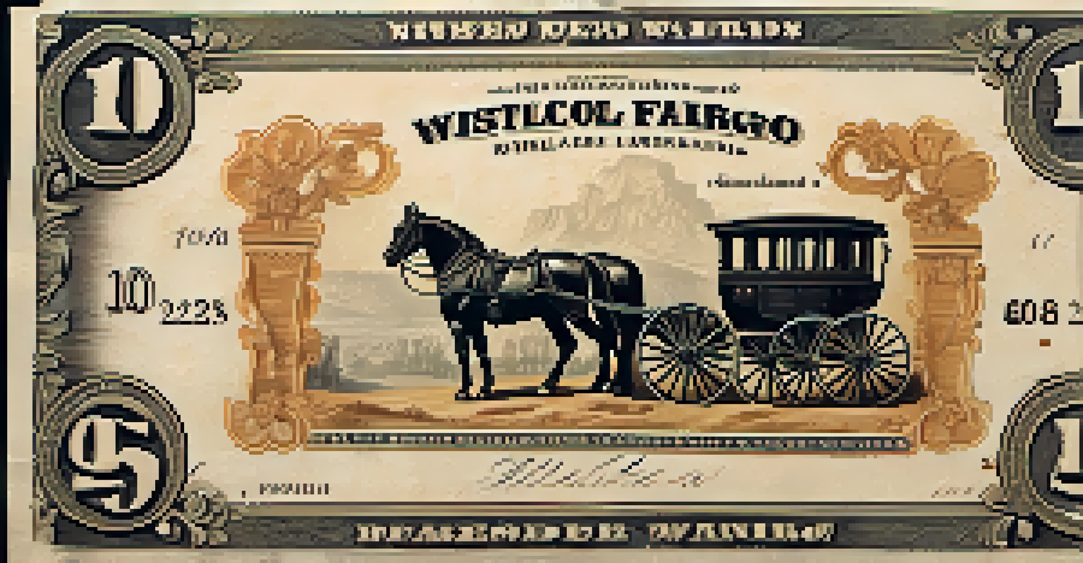 Close-up of a historical Wells Fargo banknote from the 19th century on a wooden table, showing intricate designs and textures.