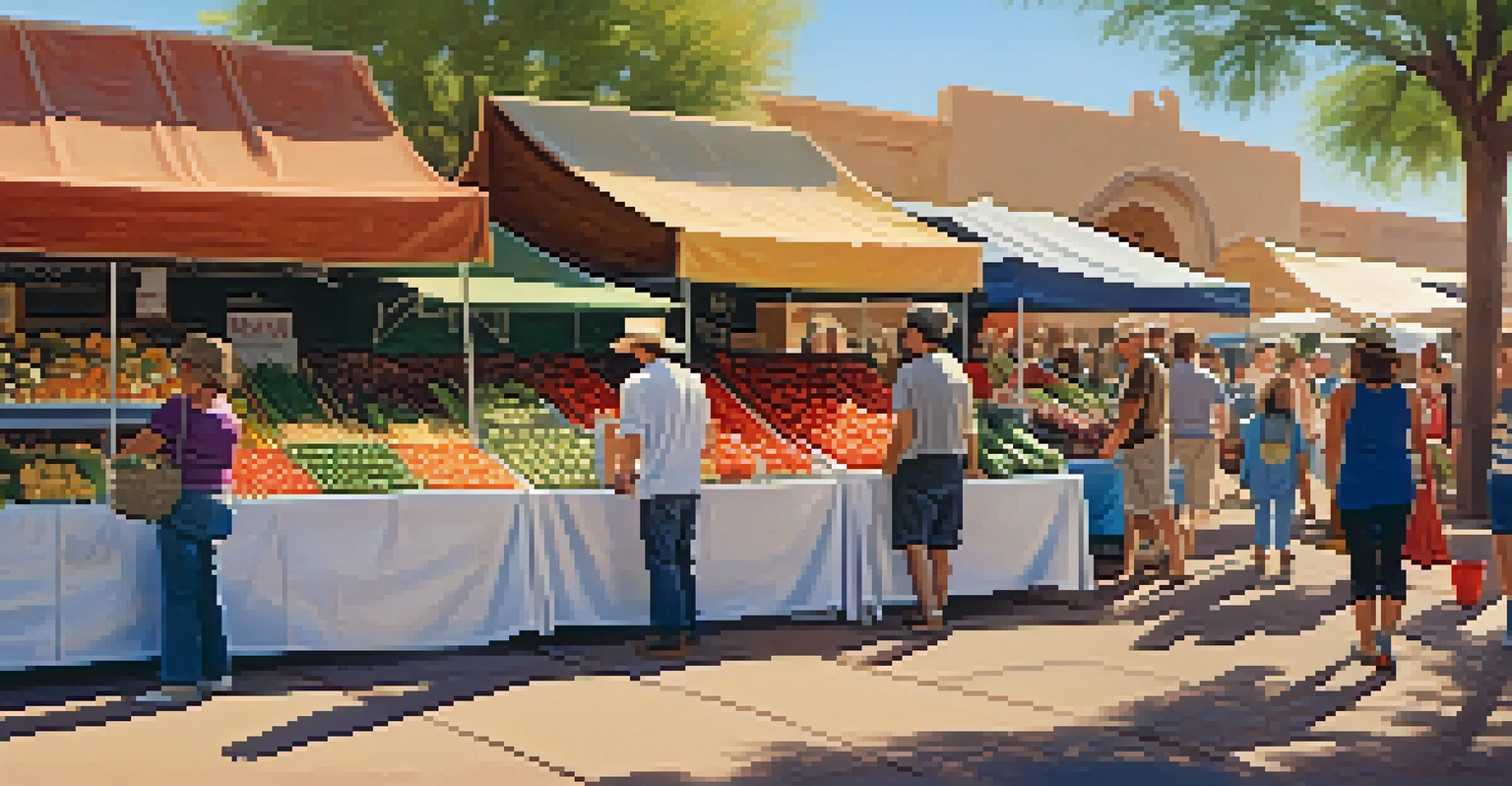 A colorful farmers market in Scottsdale with fresh produce and handmade crafts, bathed in warm morning light, showcasing a friendly atmosphere.