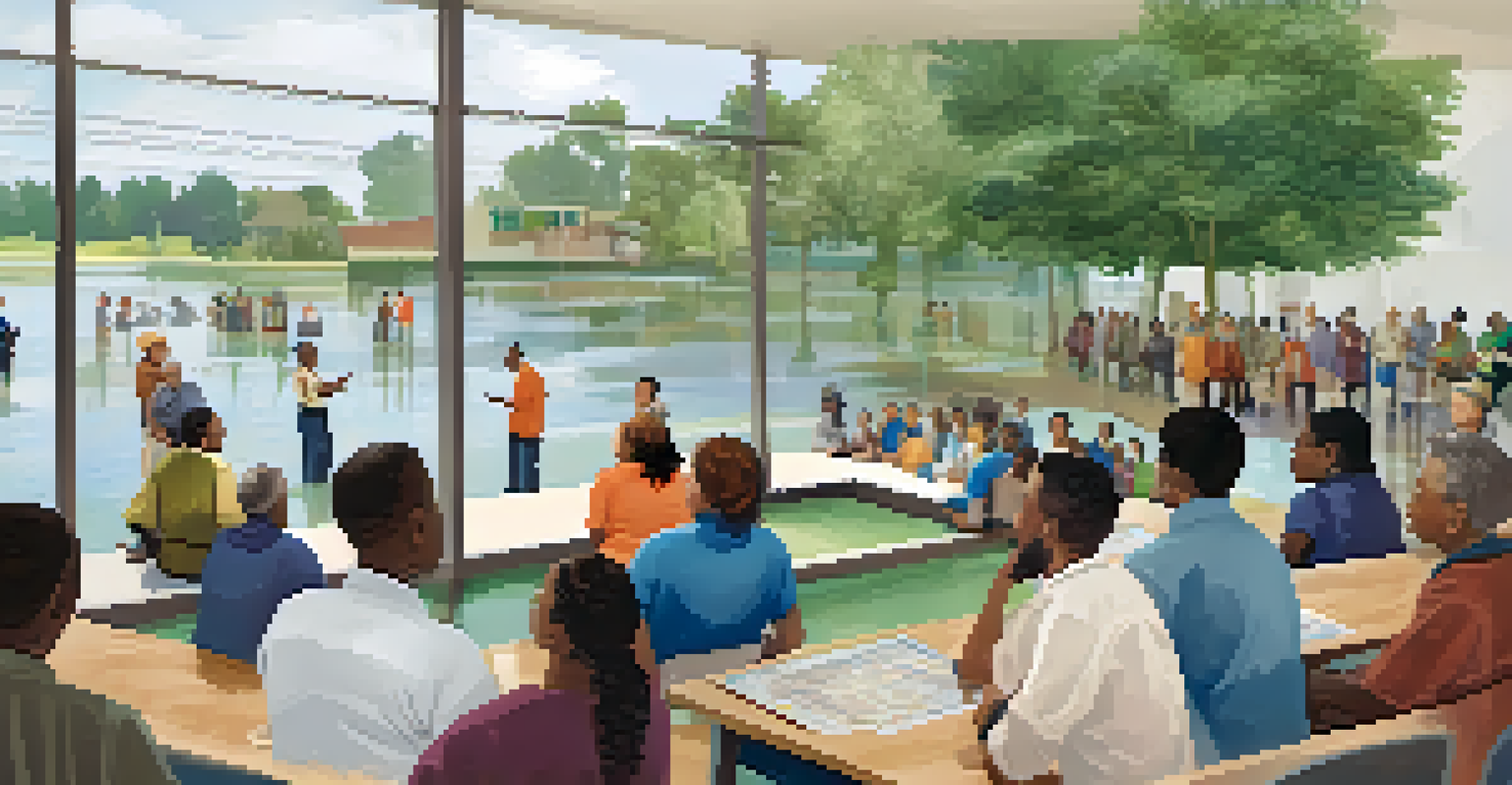 Residents participating in a community meeting about flood preparedness, with a map of flood zones in the background.