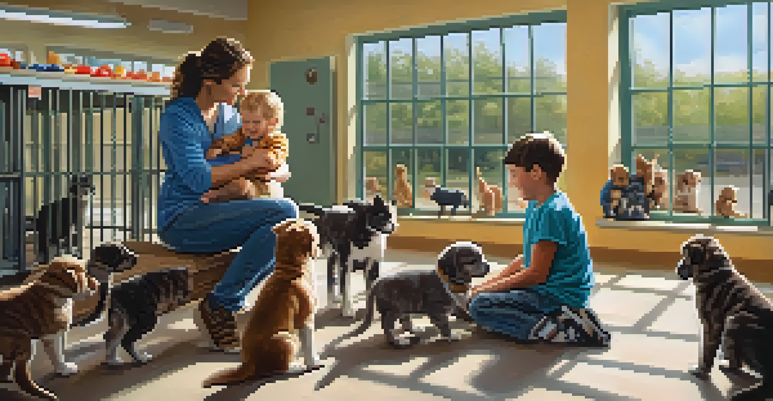 A family interacting with puppies and kittens at an animal shelter, showcasing compassion and love for pets.