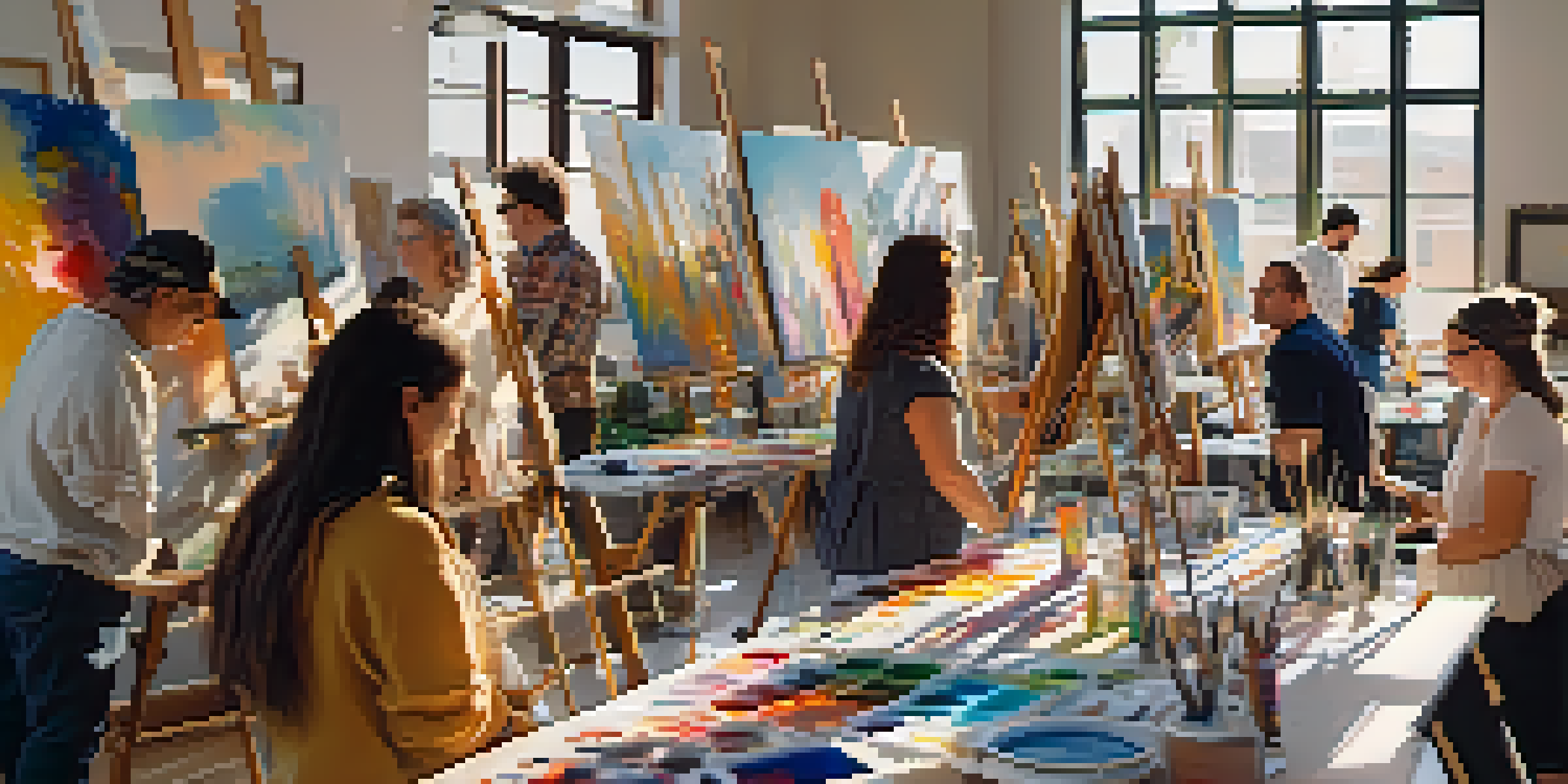A lively painting class in Phoenix with artists of different backgrounds painting on easels, surrounded by colorful artworks and bright sunlight.