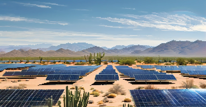 A wide view of solar panels at Mountainside Solar Park with desert mountains and blue sky in the background.