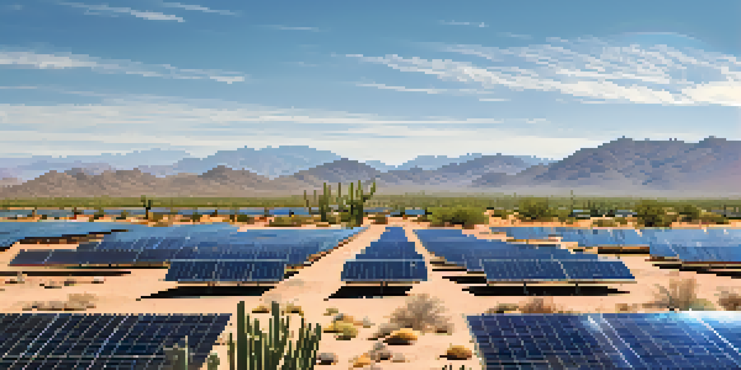 A wide view of solar panels at Mountainside Solar Park with desert mountains and blue sky in the background.