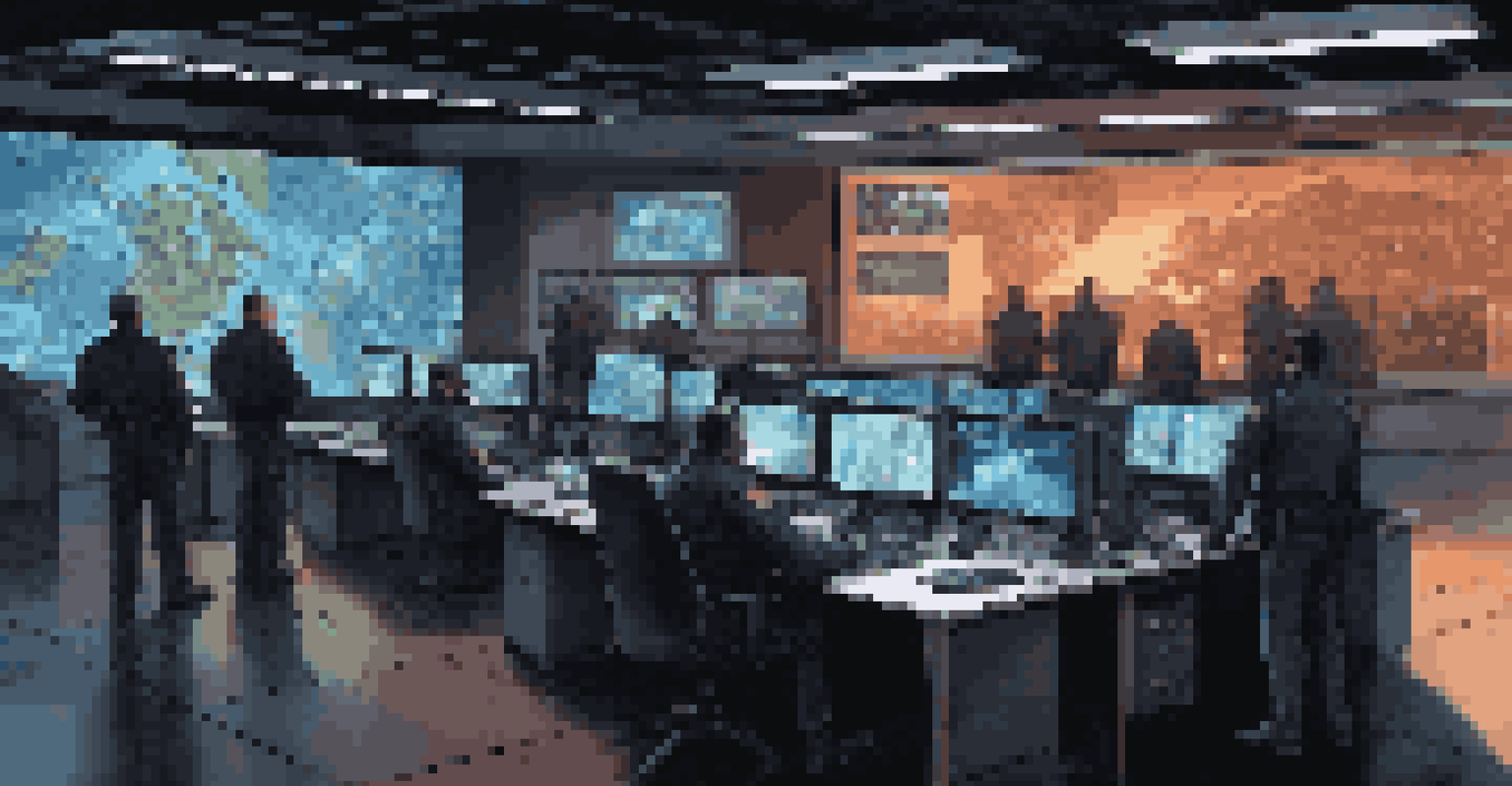 Law enforcement agents in a high-tech command center monitoring the dark web, with holographic displays of illicit activities, in a dimly lit room.