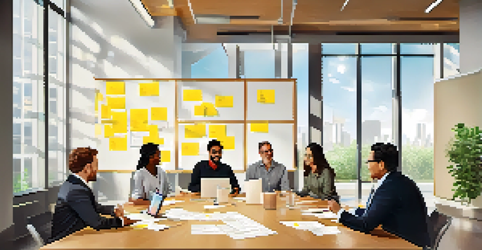 A diverse group of professionals discussing Agile transformation in a bright modern conference room, surrounded by sticky notes and charts.