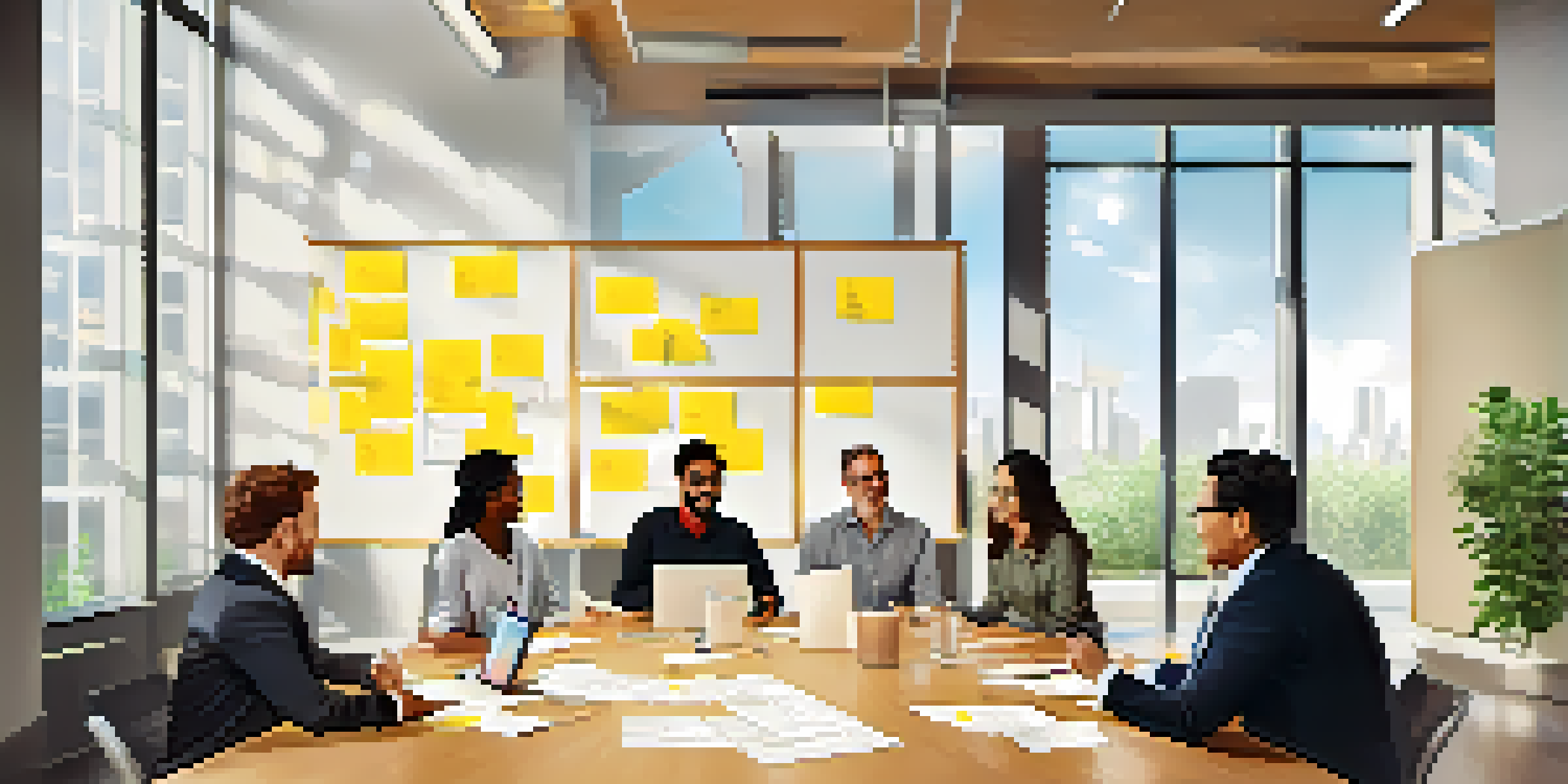 A diverse group of professionals discussing Agile transformation in a bright modern conference room, surrounded by sticky notes and charts.