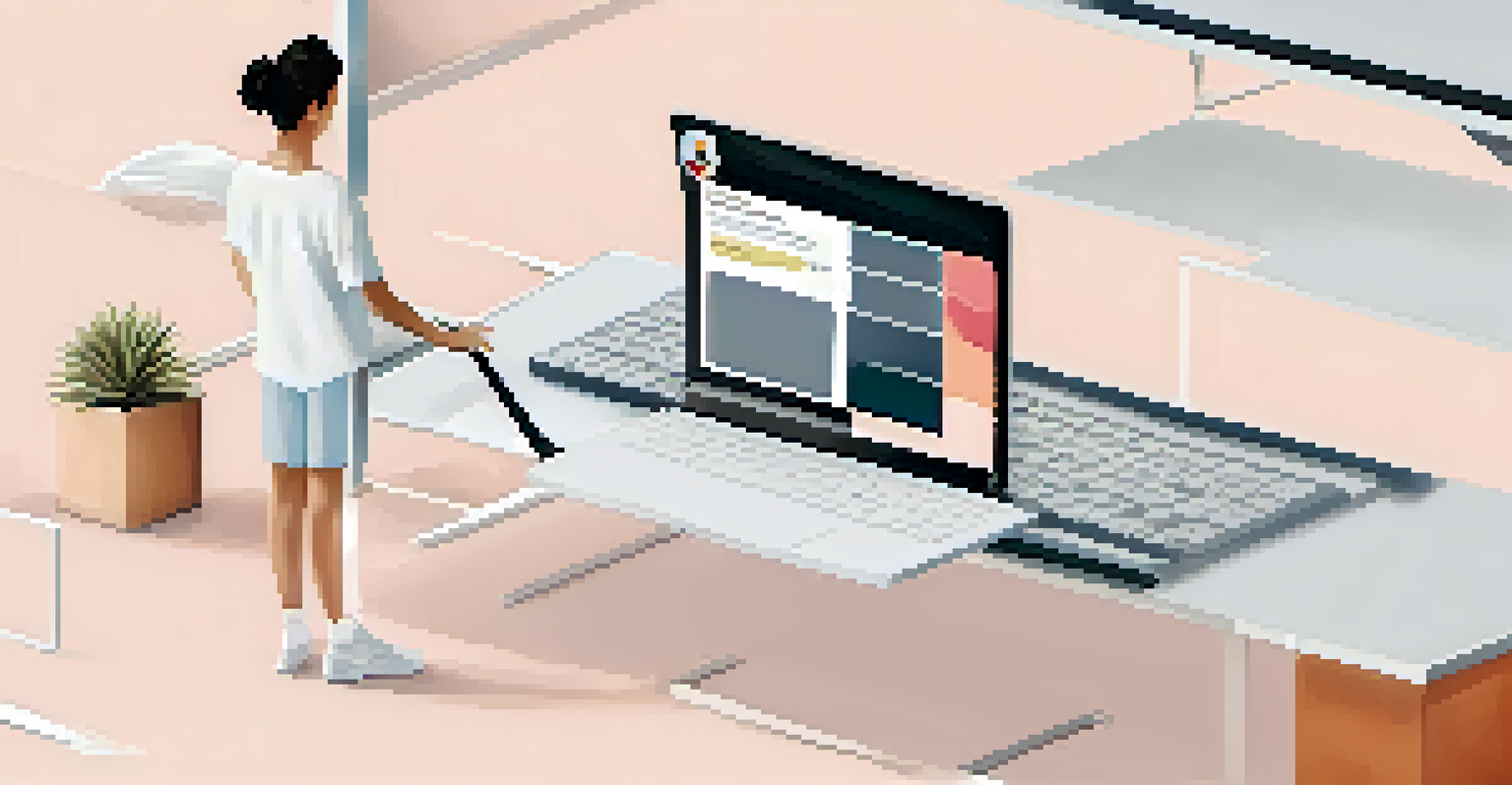 A split-screen image showing a website on one side and a keyboard on the other, with highlighted keys indicating keyboard shortcuts for navigation. The design is minimalistic with soft colors.