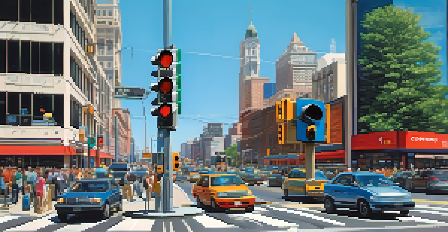 Close-up of a smart traffic signal at an intersection, showing digital displays and cars waiting, under a clear blue sky.