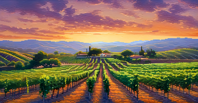 A vineyard at sunset with grapevines and glowing sensors, surrounded by hills and a colorful sky.