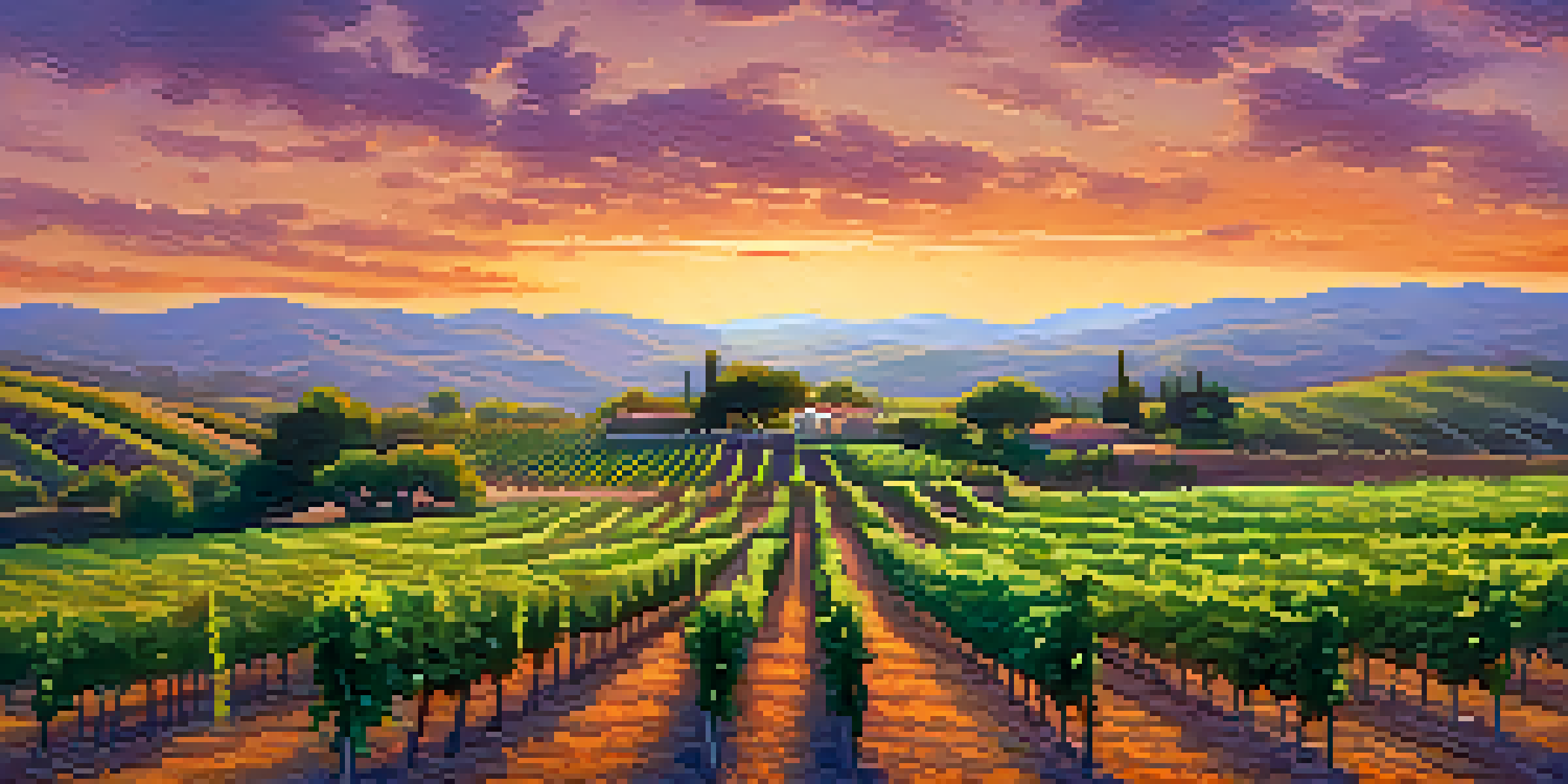 A vineyard at sunset with grapevines and glowing sensors, surrounded by hills and a colorful sky.