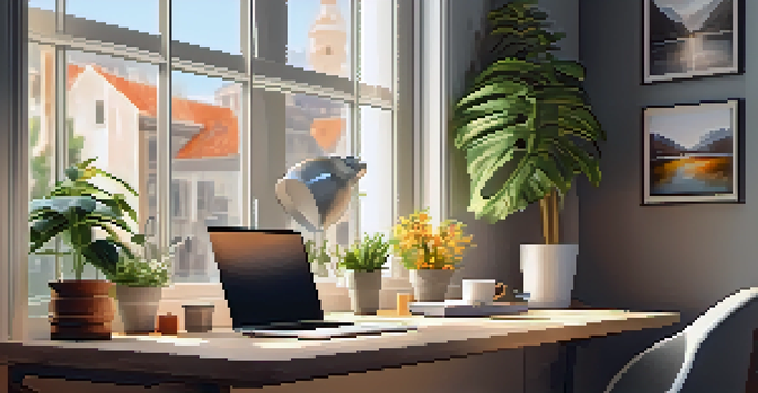A modern desk setup with a laptop, potted plants, and warm light from a window, creating a cozy workspace.